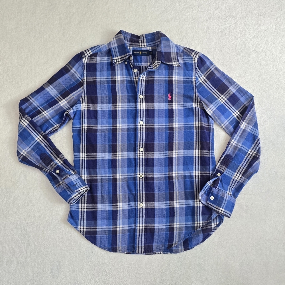 Women's Ralph Lauren Button Down Shirt Blue Plaid Long Sleeve Pony Logo Size 6